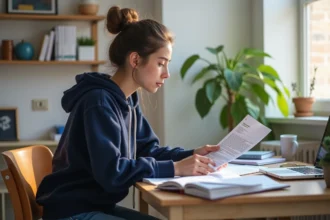 Étudiante en design consultant un dossier de bourse pour financer ses études à l'académie design et innovation