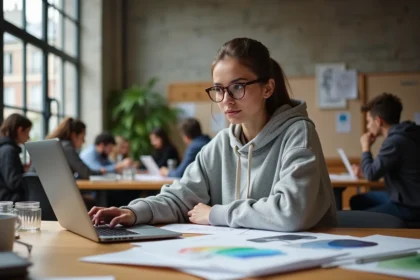 Étudiante en design graphique travaillant sur des projets créatifs dans un studio moderne de l'école des Gobelins à Paris