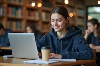 Étudiante utilisant l'ENT de l'université du Mans sur son ordinateur portable en bibliothèque universitaire