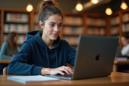 Étudiante utilisant l'ENT de l'université de Normandie sur son ordinateur portable à la bibliothèque universitaire