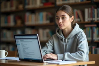 Étudiante passant un examen en ligne sur la plateforme Cuyclade depuis une bibliothèque universitaire