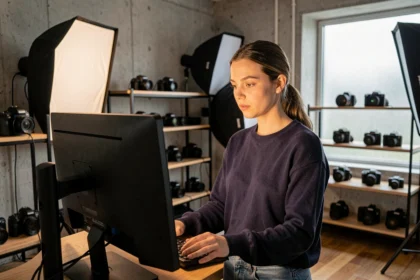 Étudiante en formation photo et vidéo GOBELINS analysant des images sur un écran dans un studio professionnel