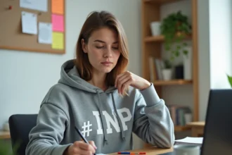 Étudiante de l'INP en télétravail à son bureau à domicile, concentrée sur son ordinateur portable avec des notes de cours