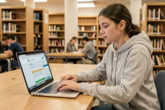Étudiante consultant l'intranet de son école sur un ordinateur portable dans une bibliothèque universitaire moderne