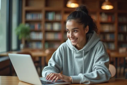 Étudiante consultant la plateforme Mjmcloud sur son ordinateur portable dans une bibliothèque universitaire