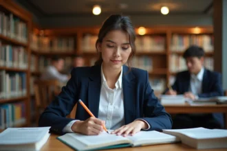 Étudiante en prépa éco révisant sa candidature pour une admission parallèle en école de commerce ECE dans une bibliothèque universitaire