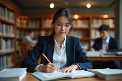 Étudiante en prépa éco révisant sa candidature pour une admission parallèle en école de commerce ECE dans une bibliothèque universitaire