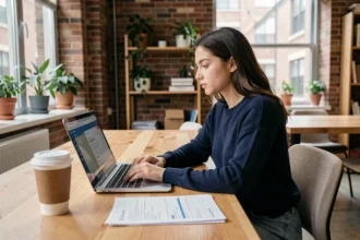Étudiante en prépa accédant à la plateforme MJM CLOUD sur son ordinateur portable dans un espace de coworking moderne