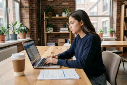 Étudiante en prépa accédant à la plateforme MJM CLOUD sur son ordinateur portable dans un espace de coworking moderne