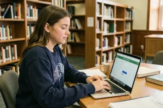 Étudiante récupérant ses identifiants ENR Assas sur son ordinateur portable en bibliothèque universitaire