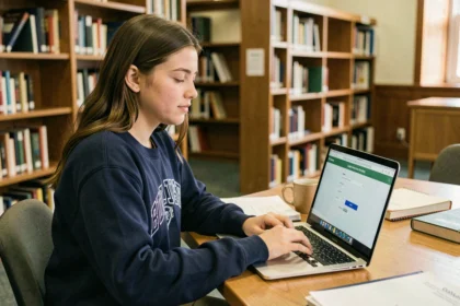Étudiante récupérant ses identifiants ENR Assas sur son ordinateur portable en bibliothèque universitaire