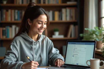 Jeune femme révisant avec un test de mémoire en ligne sur son ordinateur portable dans un bureau à domicile