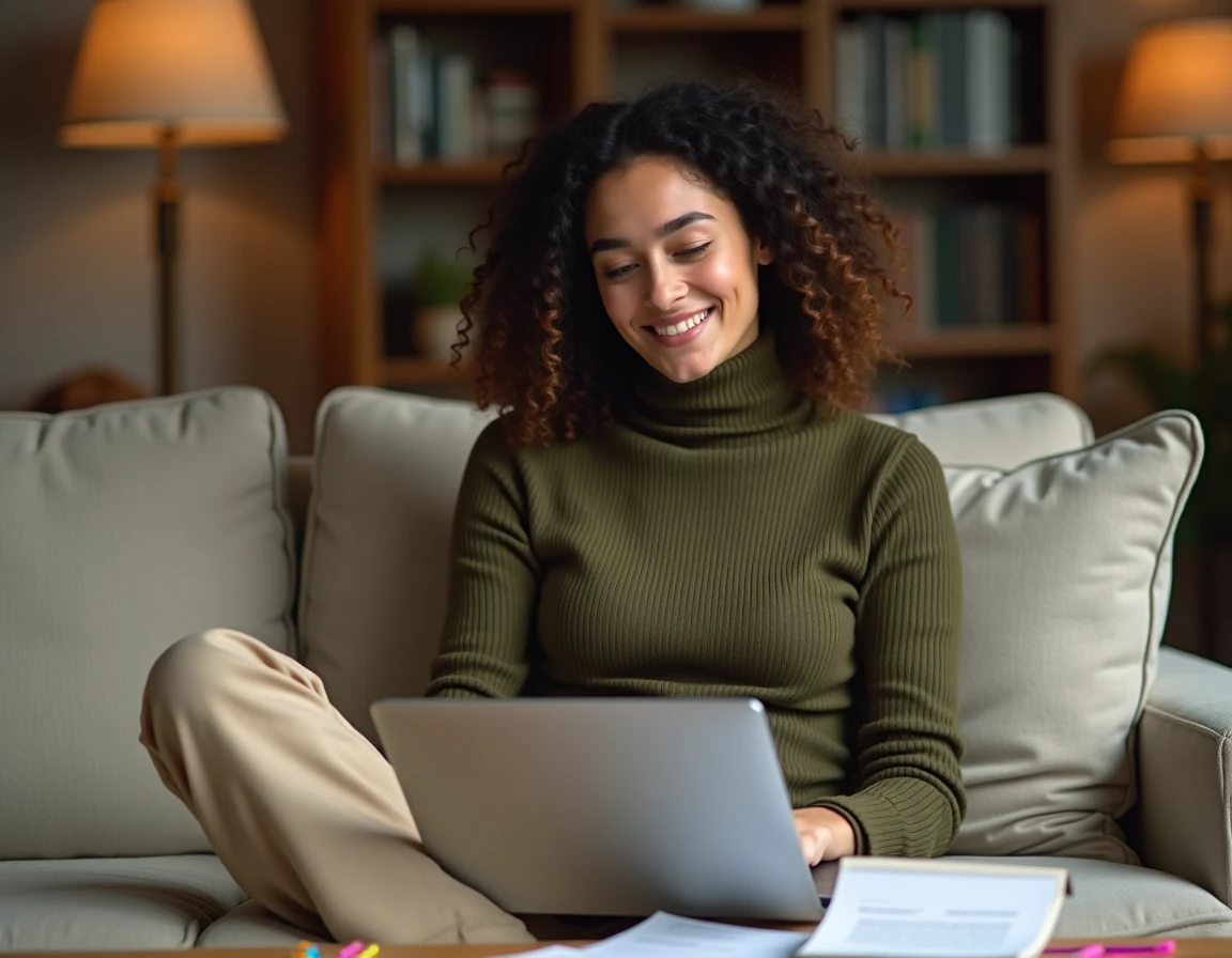 Étudiante en visioconférence sur canapé avec documents de cours, illustrant le travail collaboratif à distance