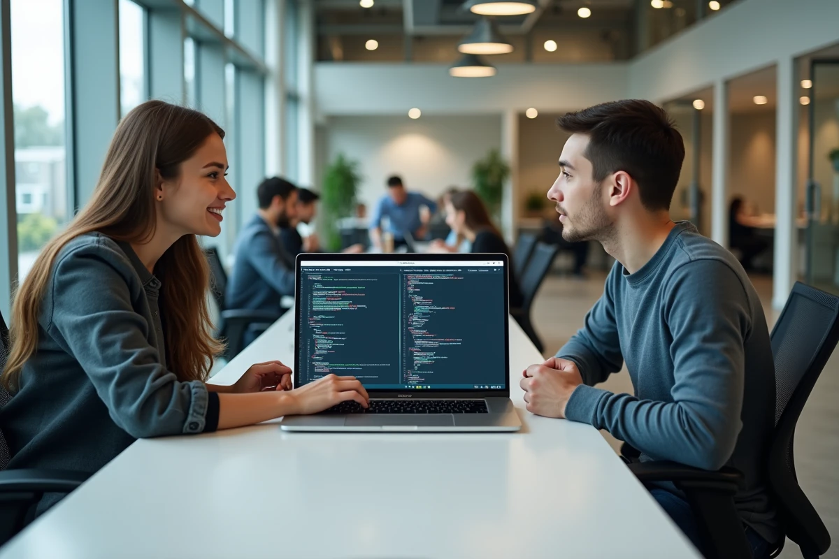 Deux étudiants en informatique collaborant sur les critères d'intégration d'un master dans un espace de travail moderne