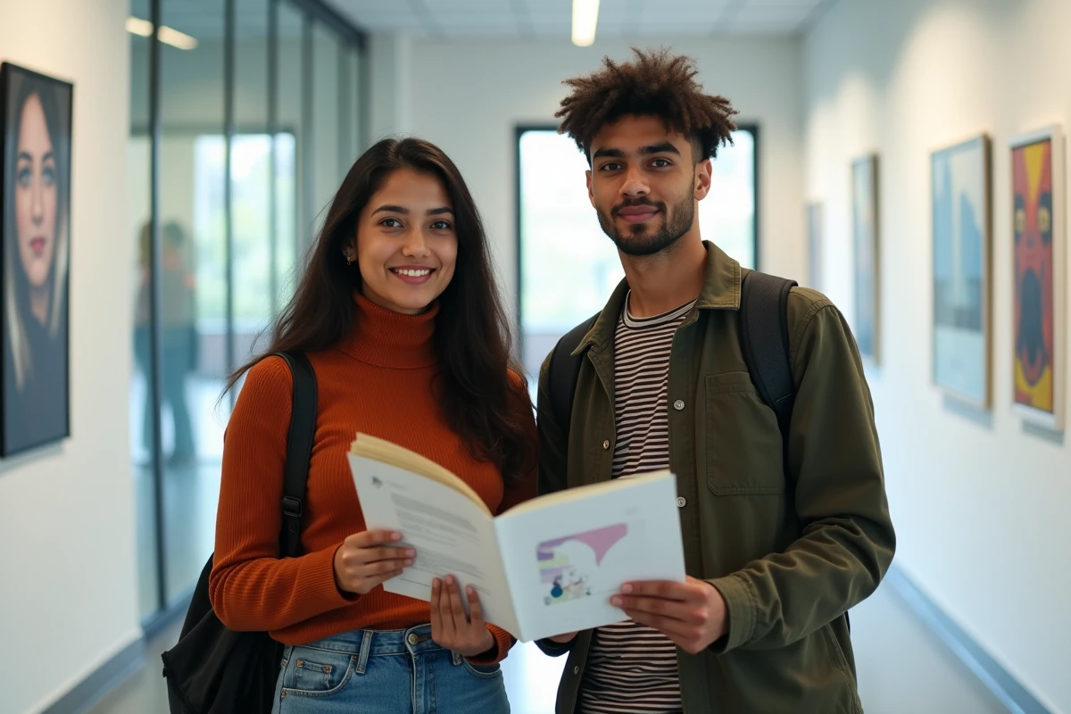 Deux étudiants comparant leurs portfolios dans le couloir d'une école de création visuelle à Paris