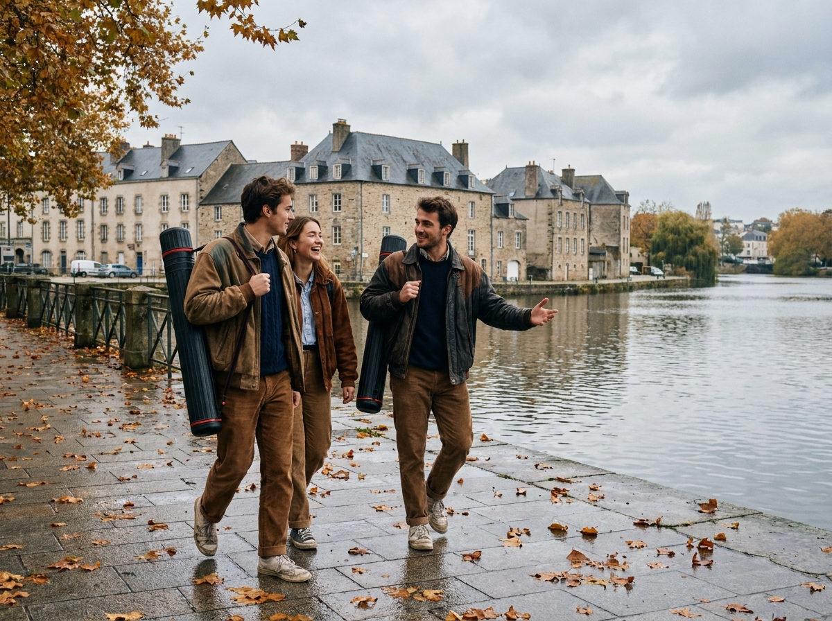 Groupe d'étudiants en design se promenant sur les quais de l'Erdre à Nantes en automne avec leurs portfolios