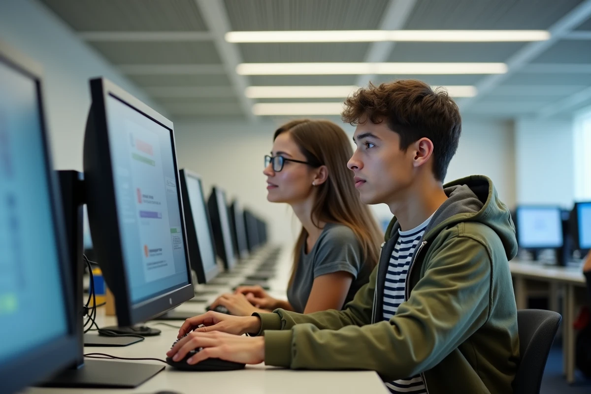 Deux étudiants travaillant ensemble sur l'ENT et la messagerie centralisée de l'université du Mans en salle informatique