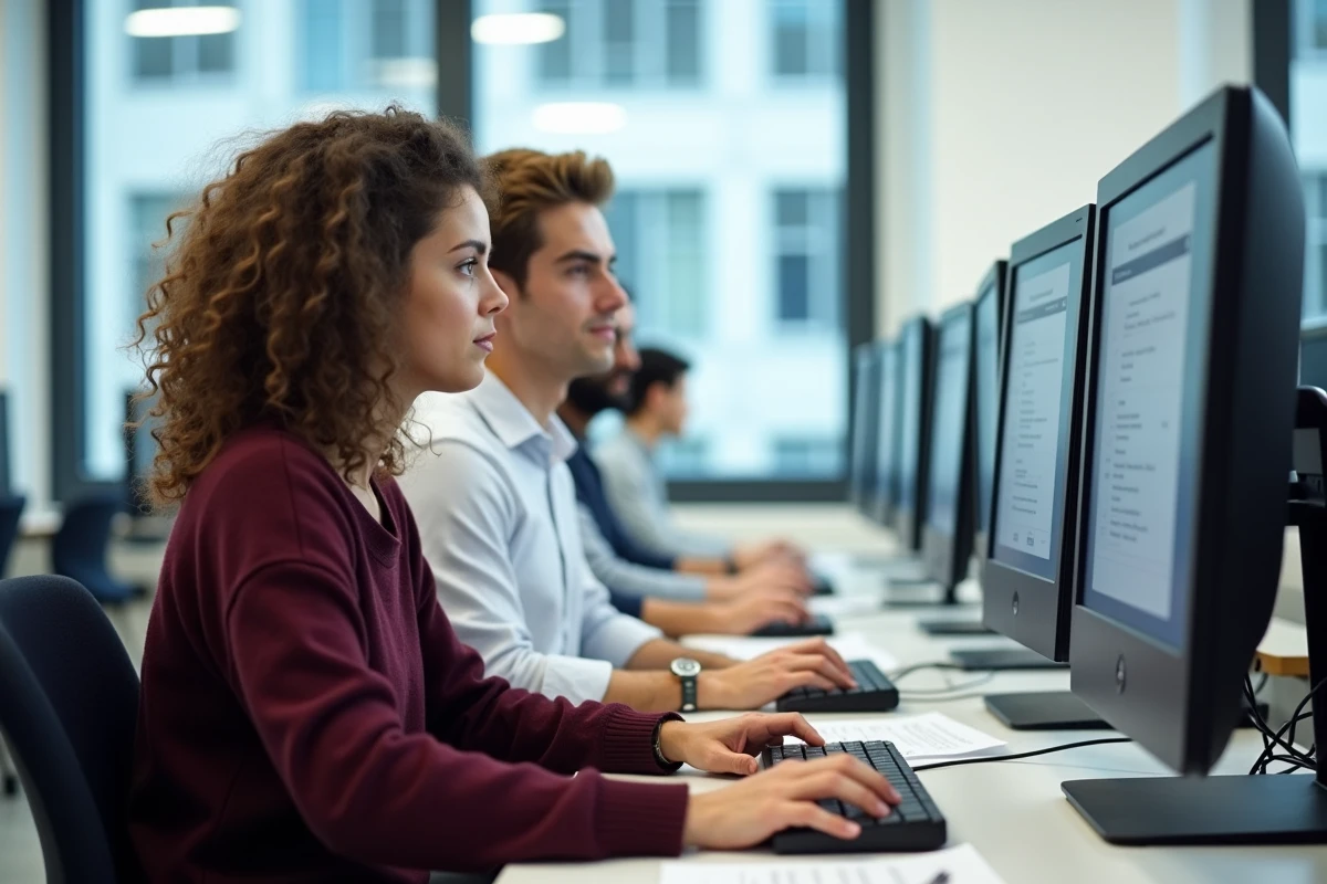Deux étudiants accédant ensemble à l'ENT de l'université normande dans une salle informatique universitaire