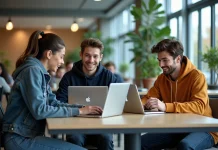 UTC ENT, un espace numérique pensé pour donner aux étudiants de l’UTC toutes leurs ressources Groupe d'étudiants en lounge moderne avec ordinateurs