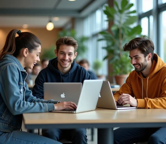 UTC ENT, un espace numérique pensé pour donner aux étudiants de l’UTC toutes leurs ressources Groupe d'étudiants en lounge moderne avec ordinateurs