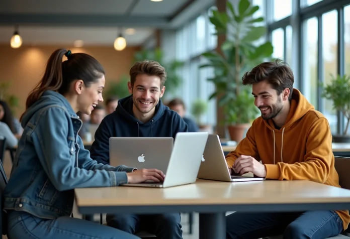 etudiants-etude-lounge Groupe d'étudiants en lounge moderne avec ordinateurs