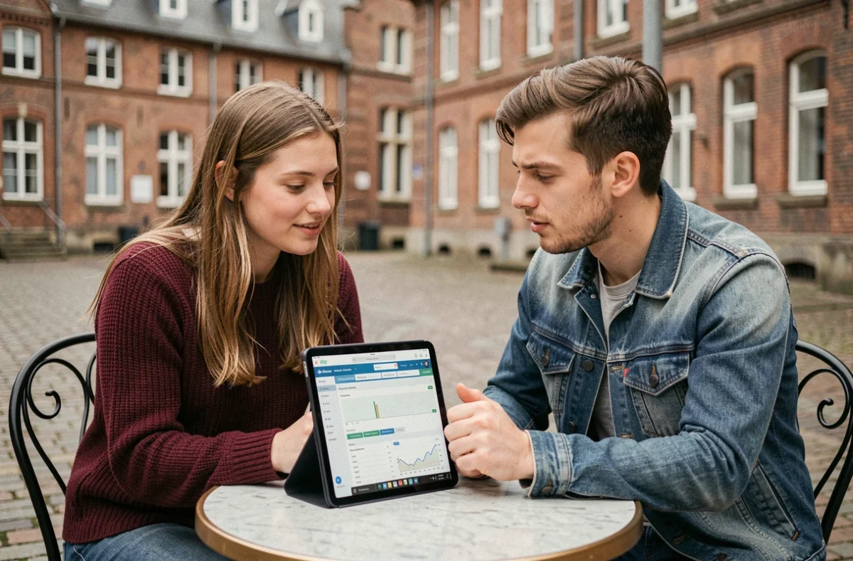 Deux étudiants en kinésithérapie discutant du coût des études belges autour d'un simulateur de budget sur tablette en terrasse
