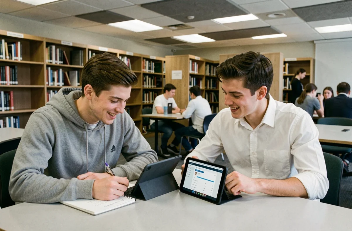 Deux étudiants en licence collaborant sur la plateforme MJM CLOUD dans une bibliothèque universitaire moderne