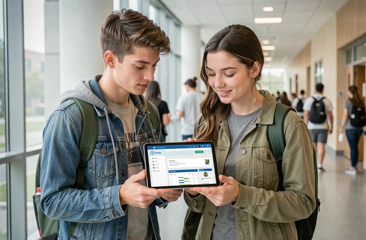 Deux étudiants consultant ensemble un portail de services numériques universitaires sur une tablette dans un couloir de campus