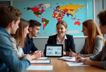 Licence commerce international : les meilleurs endroits pour la suivre ! Groupe d'étudiants universitaires en discussion dans une salle moderne