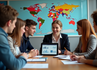 Licence commerce international : les meilleurs endroits pour la suivre ! Groupe d'étudiants universitaires en discussion dans une salle moderne