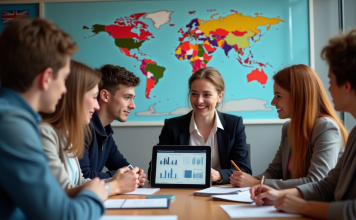 Licence commerce international : les meilleurs endroits pour la suivre ! Groupe d'étudiants universitaires en discussion dans une salle moderne