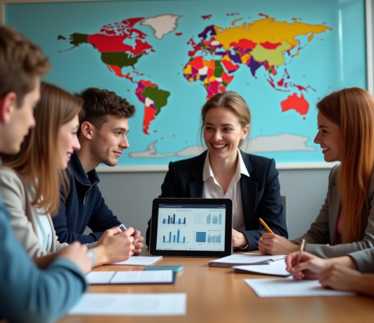 Licence commerce international : les meilleurs endroits pour la suivre ! Groupe d'étudiants universitaires en discussion dans une salle moderne