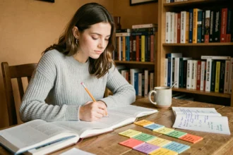 Jeune femme étudiant la déclinaison allemande avec des fiches colorées et des manuels de grammaire sur un bureau en bois