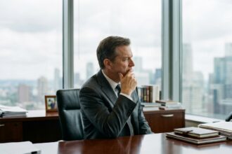 Photo hyperrealiste d'un homme d'affaires en costume sombre dans un bureau moderne