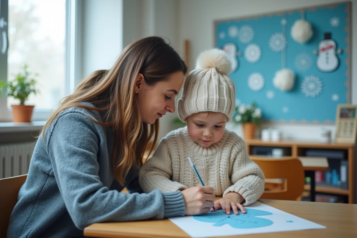 Enseignante guidant un enfant dans un exercice saisonnier sur le thème de l'hiver en maternelle