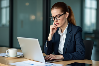 Femme en costume analysant des rapports financiers au bureau