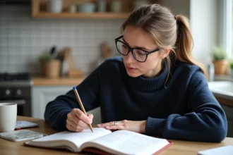 Jeune femme lisant et annotant un cahier de grammaire française
