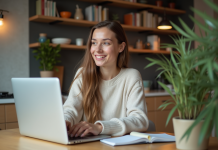 Jeune femme souriante testant des fonctionnalités de langue sur son ordinateur