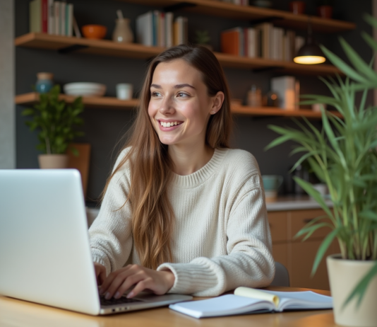 Gratuité de Tandem : fonctionnalités, avis et alternatives en 2025 Jeune femme souriante testant des fonctionnalités de langue sur son ordinateur