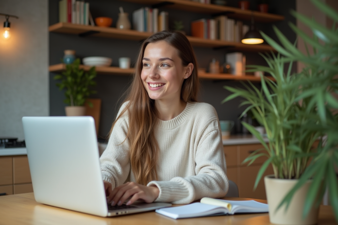 Jeune femme souriante testant des fonctionnalités de langue sur son ordinateur