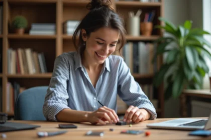 Femme créative assemblant un projet électronique à la maison
