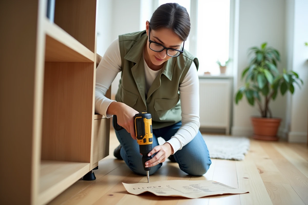 Femme assemblant un meuble en kit avec une perceuse visseuse dans un appartement moderne, cours de bricolage débutant
