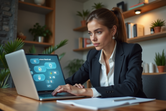 Femme au bureau examinant des icônes d'outils cognitifs