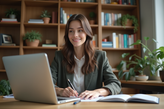 femme-bureau-ordinateur-1 Femme concentrée travaillant sur son ordinateur à domicile