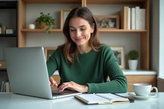 Femme en bureau moderne utilisant un ordinateur portable