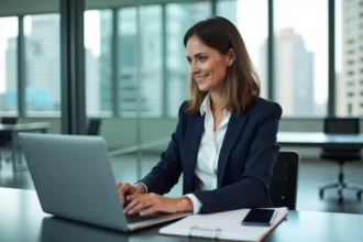 Femme d affaires souriante travaillant sur son ordinateur dans un bureau moderne