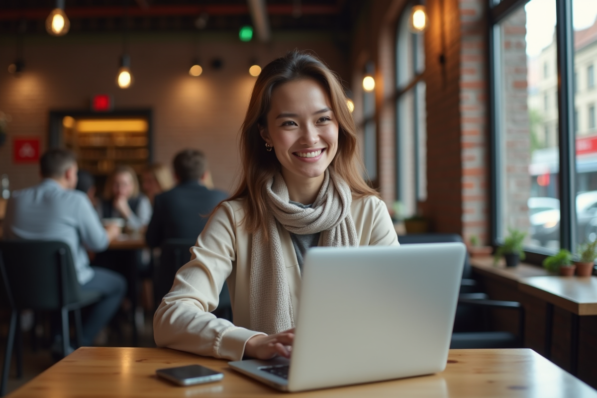 Jeune femme travaillant sur son ordinateur dans un café