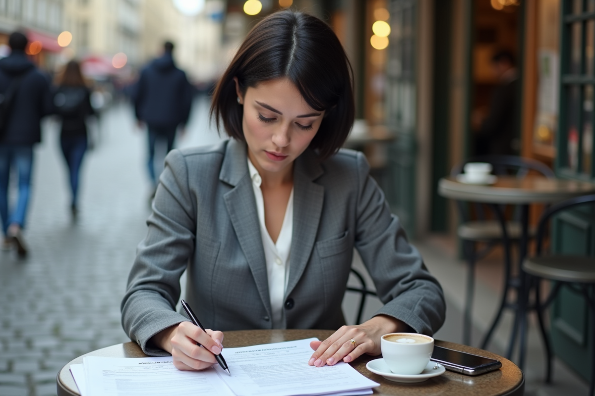 Femme professionnelle lit des formulaires fiscaux en extérieur