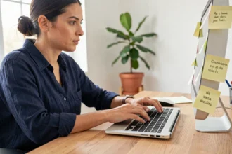 Femme tapant sur un clavier AZERTY avec des notes en espagnol affichées autour de l'écran