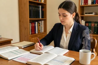 Femme étudiant la conjugaison des verbes en -ir à l'imparfait et au futur dans des livres de grammaire française